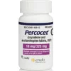 Bottle of Percocet 10mg/325mg tablets containing oxycodone hydrochloride and acetaminophen manufactured by Endo Pharmaceuticals.
