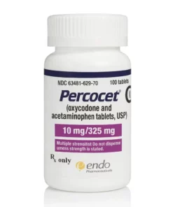 Bottle of Percocet 10mg/325mg tablets containing oxycodone hydrochloride and acetaminophen manufactured by Endo Pharmaceuticals.