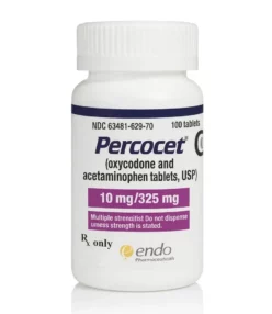 Bottle of Percocet 10mg/325mg tablets containing oxycodone hydrochloride and acetaminophen manufactured by Endo Pharmaceuticals.