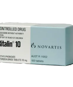 Ritalin 10mg Tablets by Novartis containing methylphenidate hydrochloride.