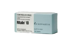 Ritalin 10mg Tablets by Novartis containing methylphenidate hydrochloride.