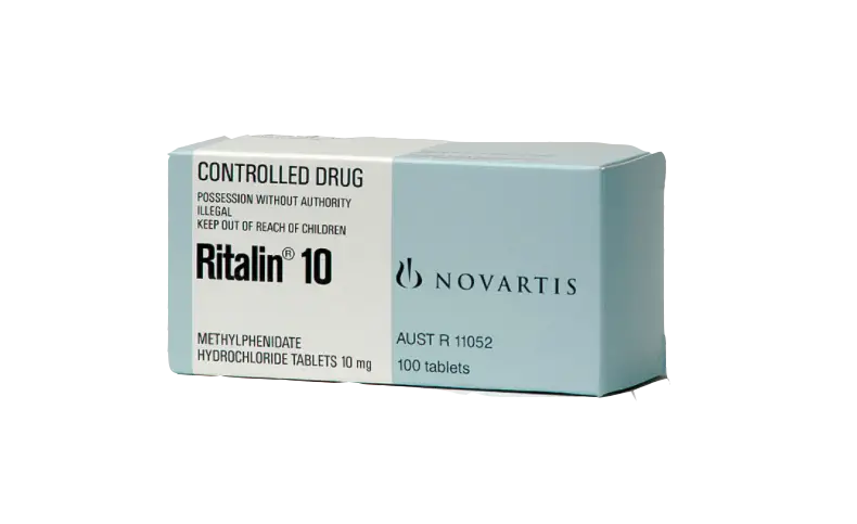 Ritalin 10mg Tablets by Novartis containing methylphenidate hydrochloride.