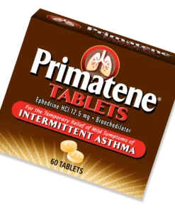 Primatene Tablets 12.5mg Ephedrine HCl bronchodilator box for temporary relief of mild intermittent asthma symptoms.