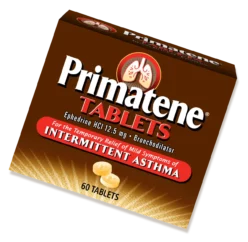 Primatene Tablets 12.5mg Ephedrine HCl bronchodilator box for temporary relief of mild intermittent asthma symptoms.