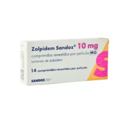 Zolpidem Sandoz 10mg tablets box containing zolpidem tartrate for the short-term treatment of insomnia and sleep disorders.