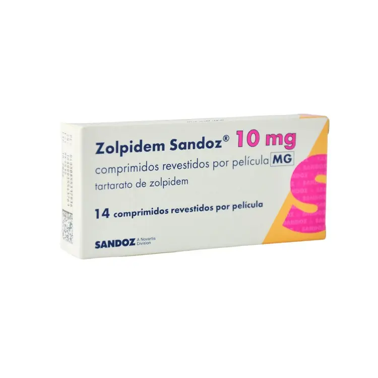 Zolpidem Sandoz 10mg tablets box containing zolpidem tartrate for the short-term treatment of insomnia and sleep disorders.